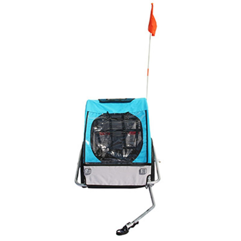 Remorque velo enfant couverte 2 places maxi 45kg colori bleu avec roues 20" à blocage et fixation axe de roue arriere -