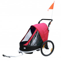 Remorque velo enfant - poussette couverte 2 places en alu maxi 36kg colori rouge avec roues 20" -fixation axe de roue - livre