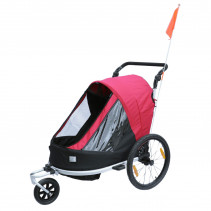 Remorque velo enfant - poussette couverte 2 places en alu maxi 36kg colori rouge avec roues 20" -fixation axe de roue - livre