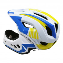 CASQUE VELO BMX INTEGRAL IKON JAUNE-BLEU-BLANC AVEC MENTONNIERE DETACHABLE (TAILLE 48-52CM) (VENDU EN BOITE) - CONFORME EN078