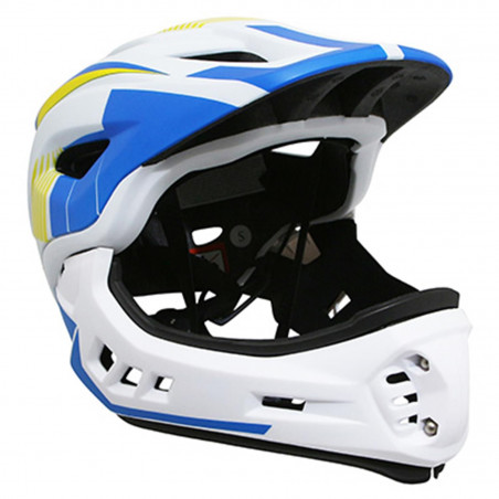 CASQUE VELO BMX INTEGRAL IKON JAUNE-BLEU-BLANC AVEC MENTONNIERE DETACHABLE (TAILLE 53-58CM) (VENDU EN BOITE) - CONFORME EN078