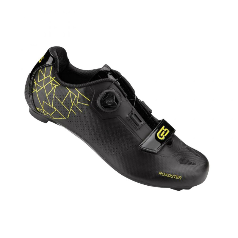 CHAUSSURE ROUTE GES ROADSTER2 NOIR-JAUNE T46 FIXATION BOA-VELCRO COMPATIBLE LOOK-SHIMANO (PAIRE)