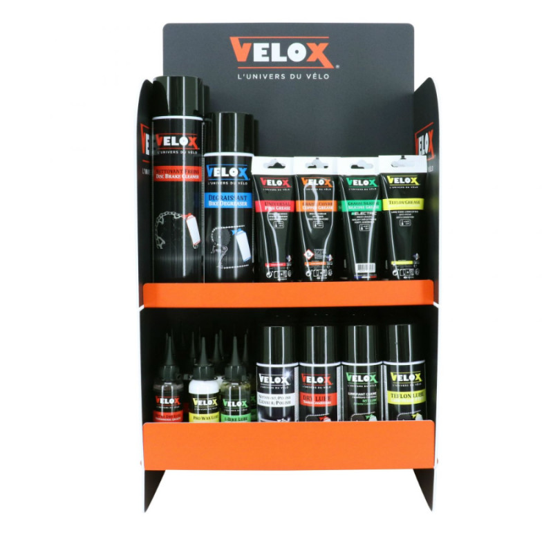 PRESENTOIR VELOX AVEC PRODUITS ENTRETIEN (HUILES GRAISSES LUBRIFIANTS NETTOYANTS) POUR COMPTOIR - MONTAGE FACILE  (OFFRE DE