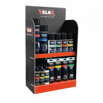 PRESENTOIR VELOX AVEC PRODUITS ENTRETIEN (HUILES GRAISSES LUBRIFIANTS NETTOYANTS) POUR COMPTOIR - MONTAGE FACILE  (OFFRE DE
