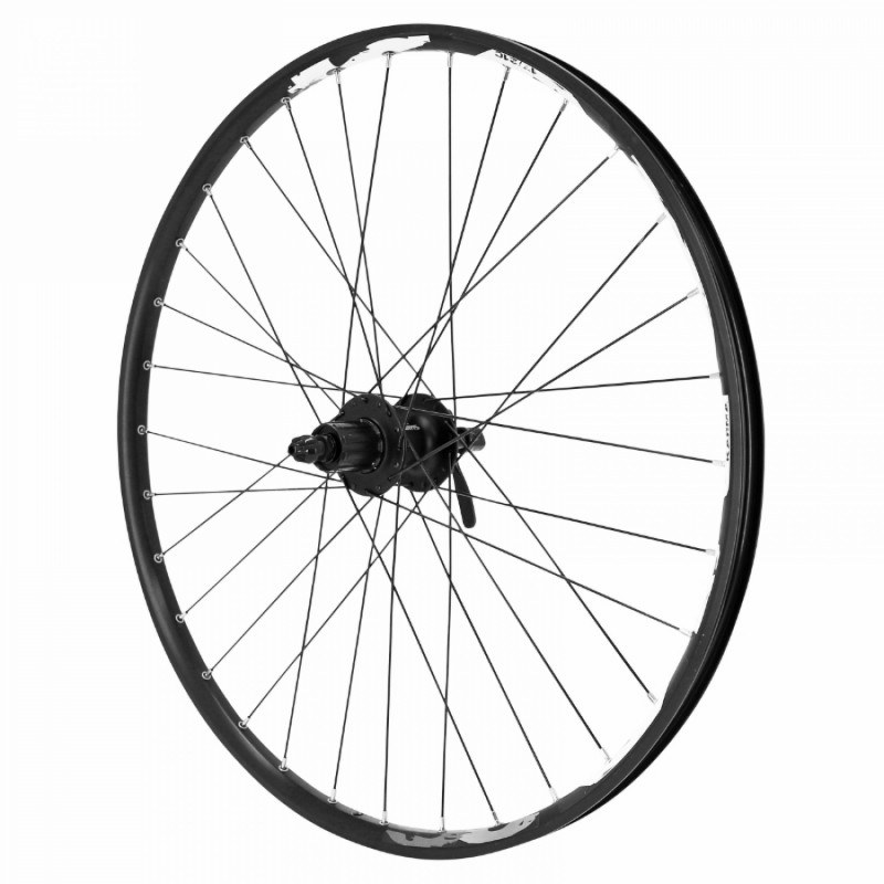 Roue vtt 26" disc karma arriere noir illet moyeu Shimano m475 6trous pour cassette Shimano-Sram 10-9-8v. noir rayons noirs -