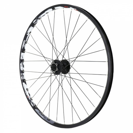 Roue vtt 26" karma disc avant noir double paroi illet moyeu Shimano m475 6 trous noir rayons noirs  32 rayons jante 21c
