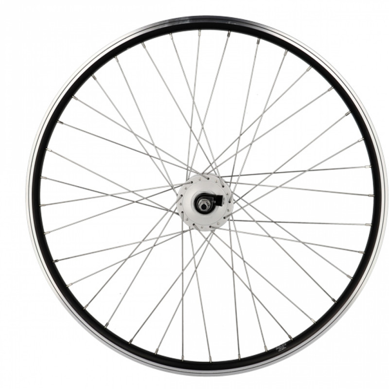 Roue vtt 26" av ecrou axe plein jante noir mach1 er 10 moyeu Shimano dynamo 6v 3.0w