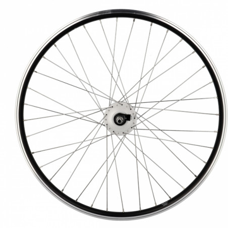Roue vtt 26" av ecrou axe plein jante noir mach1 er 10 moyeu Shimano dynamo 6v 3.0w