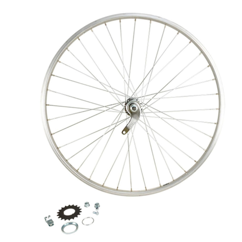 Roue velo urbain 650 x 35b ar ecrou axe plein jante alu argent retropedalage 36t