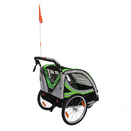 Remorque velo enfant - poussette couverte 2 places en alu maxi 36kg colori vert avec roues 20" -fixation axe de roue - livre