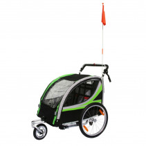 Remorque velo enfant - poussette couverte 2 places en alu maxi 36kg colori vert avec roues 20" -fixation axe de roue - livre