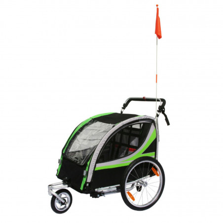 Remorque velo enfant - poussette couverte 2 places en alu maxi 36kg colori vert avec roues 20" -fixation axe de roue - livre