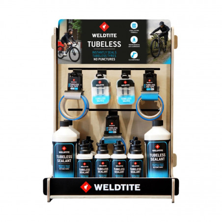 PRESENTOIR PLV WELDTITE BOIS TUBELESS COMPLET (4x 1L PREVENTIF TUBELESS - 8x 240ml PREVENTIF TUBELESS - 12 KITS DE 2 VALVES