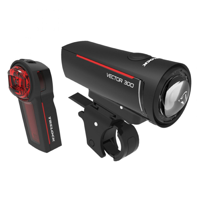 ECLAIRAGE VELO USB KIT TRELOCK LS300 ET LS740 VECTOR VISIBILITE 45m 30 LUX (AUTONOMIE AVANT 12H-ARRIERE 10H) NOIR - VU A 2750m