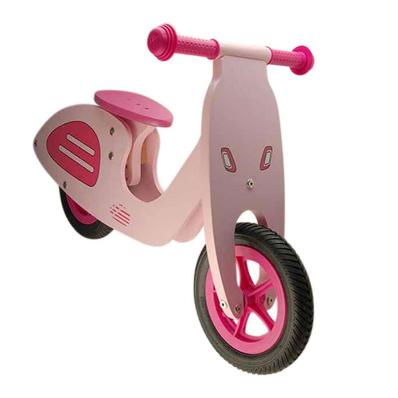 VELO  SANS PEDALE EN BOIS "DRAISIENNE" -STYLE VESPA- ROSE DES 20 MOIS A 4 ANS