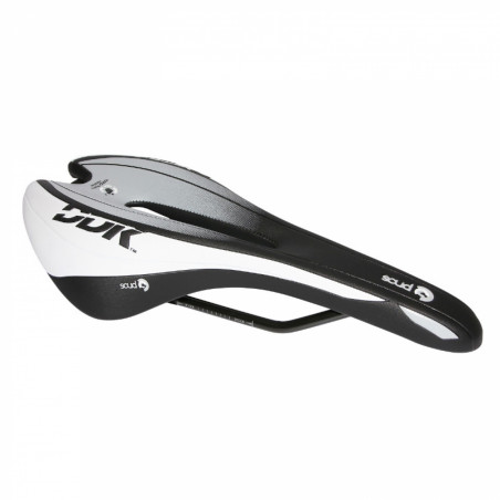 SELLE DDK ROUTE-VTT RACING MOTION NOIR DECO BLANC-GRIS 278x136mm AVEC TROU CENTRAL RAIL ACIER NOIR