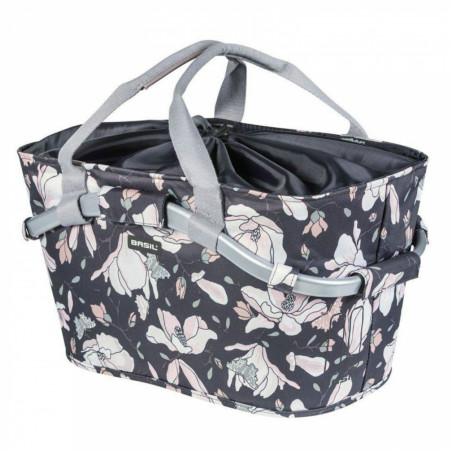 PANIER ARRIERE TOILE BASIL 2DAY MAGNOLIA PASTEL POWDERS AVEC ANSE FIXATION CLIP AUTOMATIQUE SUR PORTE BAGAGE SPECIFIQUE MIK