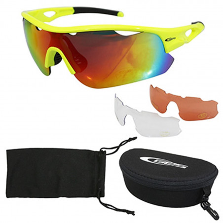 LUNETTES VELO ADULTE GES BUZZ JAUNE FLUO (LIVREES AVEC 3 JEUX DE VERRES FUMES, TRANSPARENTS ET ECLAIRANTS)