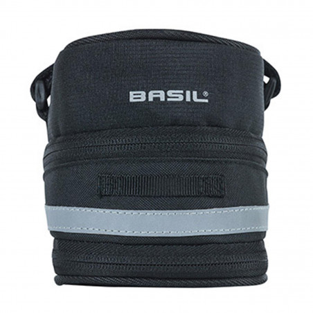 SACOCHE DE SELLE VELO BASIL MADA 1L NOIR FIXATION SANGLES SUR CHARIOT DE SELLE AVEC SOUFFLET
