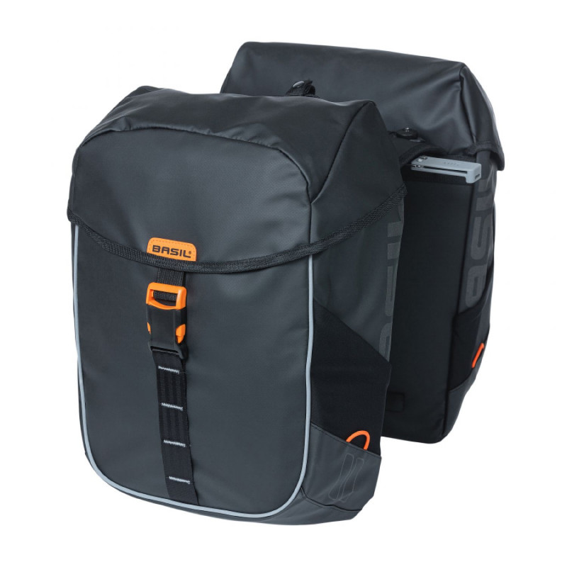 SACOCHE ARRIERE VELO DOUBLE BASIL MILES WATERPROOF 34L NOIR-ORANGE POUR SYSTEME MIK SUR PORTE BAGAGE (34x16x43cm)
