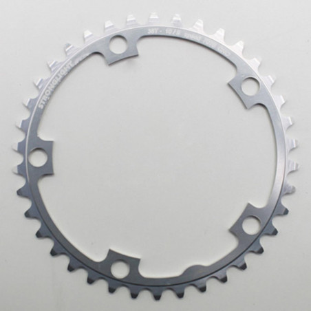 PLATEAU ROUTE 5BRA D.130 STRONGLIGHT 38DTS INTERIEUR ARGENT ALU 7075 TYPE SHIMANO  9-10V.