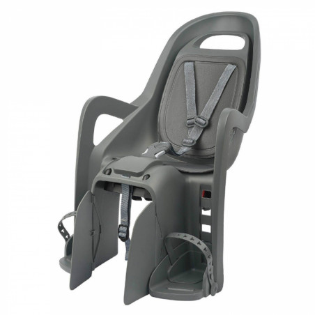 PORTE BEBE-SIEGE ENFANT ARRIERE POLISPORT A FIXER SUR PORTE BAGAGE FIXATION ETAU GROOVY GRIS COUSSIN GRIS (9 A 22Kgs)