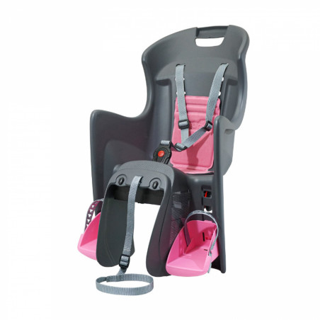 PORTE BEBE-SIEGE ENFANT ARRIERE POLISPORT A FIXER SUR PORTE BAGAGE FIXATION ETAU BOODIE GRIS COUSSIN ROSE (9 A 22Kgs)