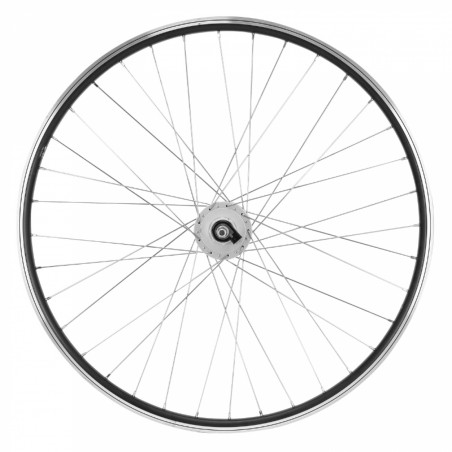 Roue vtc 700x35 avant er10 alu noir double paroi moy Shimano argent dynamo 6 volt-3w (pour eclairage avant et arriere) -