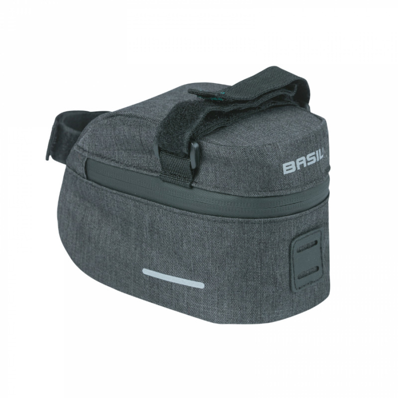 SACOCHE DE SELLE VELO BASIL DISCOVERY 1L GRIS-NOIR FIXATION SANGLES SUR CHARIOT DE SELLE POLYESTER IMPERMEABLE AVEC HOUSSE