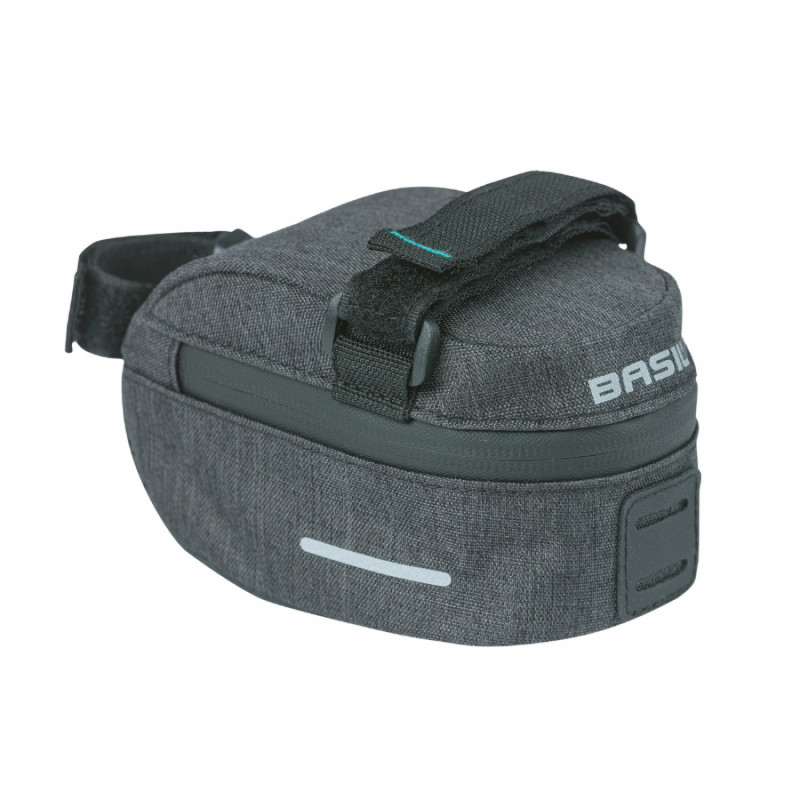SACOCHE DE SELLE VELO BASIL DISCOVERY 0.5L GRIS-NOIR FIXATION SANGLES SUR CHARIOT DE SELLE POLYESTER IMPERMEABLE AVEC HOUSSE