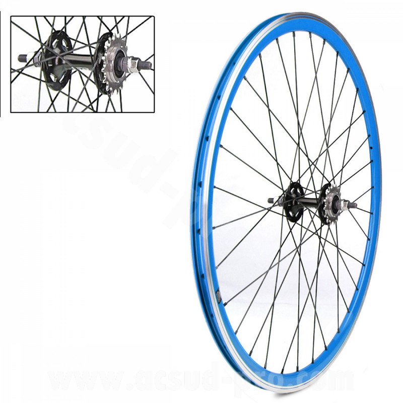Roue arriere Velox 700c fixie bleu alu moyeu flip flop