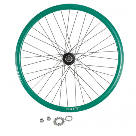 Roue fixie 700 ar ecrou axe plein jante vert mach1 430. moyeu noir flip/flop 16dts
