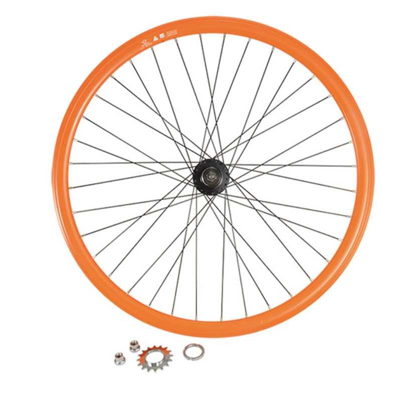 Roue fixie 700 ar ecrou axe plein jante orange mach1 430. moyeu noir flip/flop 16dts