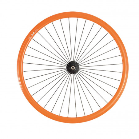 Roue fixie 700 av ecrou axe plein jante orange mach1 430.  moyeu noir 32t