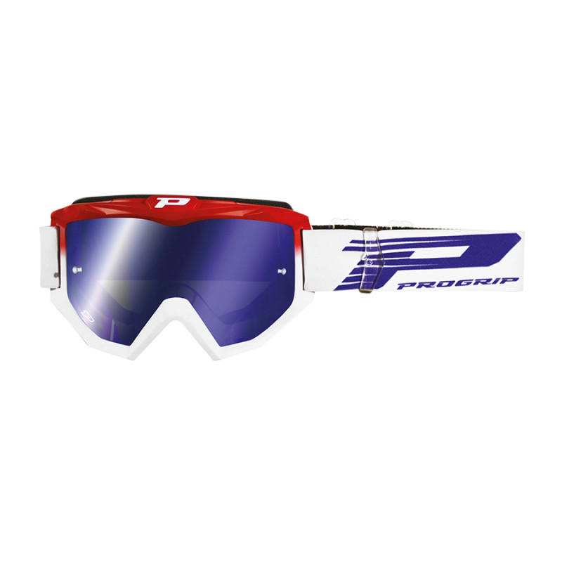 MASQUE-LUNETTES CROSS PROGRIP 3201 FL ATZAKI MULTILAYERED ROUGE-BLANC ECRAN MIROIR BLEU ANTI-RAYURES-ANTI U.V. COMPATIBLE AVEC