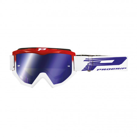 MASQUE-LUNETTES CROSS PROGRIP 3201 FL ATZAKI MULTILAYERED ROUGE-BLANC ECRAN MIROIR BLEU ANTI-RAYURES-ANTI U.V. COMPATIBLE AVEC