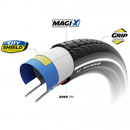 PNEU VELO 26 x 2.00 MICHELIN CITY TOURING BANDES REFLECHISSANTES E-BIKE READY TRINGLE RIGIDE TR (50-559) - 3528702010501