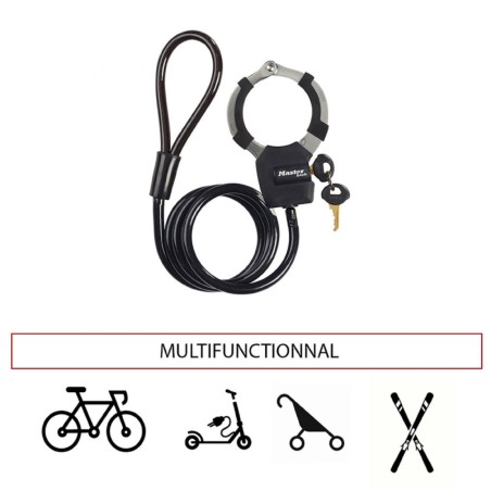 ANTIVOL VELO - TROTTINETTE CABLE A BOUCLE AVEC MENOTTE MASTERLOCK STREET CUFF DIAM 8mm L1M - LIVRE AVEC 4 CLES  -NIVEAU