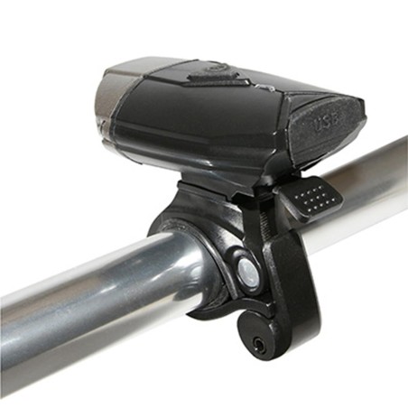 ECLAIRAGE VELO USB AVANT SUR CINTRE 300 LUMENS NOIR-GRIS 2 INTENSITES 100%-50% FIXATION CINTRE OU CASQUE