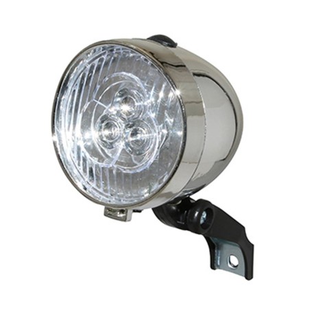 ECLAIRAGE VELO A PILE AVANT SUR FOURCHE P2R RETRO A LED DIAM 70MM CHROME LIVRE AVEC 3 PILES AAA