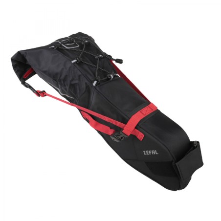 SACOCHE DE SELLE VELO ZEFAL Z-ADVENTURE R11 POUR 11L NOIR-ROUGE ETANCHE FIXATION VELCRO ( L 56cm x l 15cm x 17cm) CHARGE MAXI