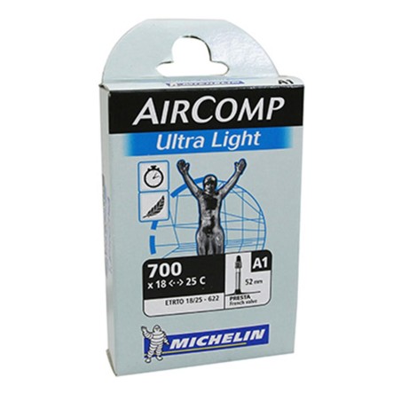 Chambre a air velo 700 x 18-23 Michelin a1 ultralight valve presta 52mm 77g