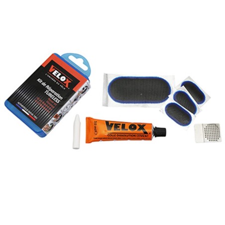 KIT REPARATION PNEU TUBELESS VTT VELOX  PAR L'INTERIEUR AVEC RUSTINES - BOITE (3 PATCHS 32x16mm   1 PATCH 75x35mm   COLLE 10g 