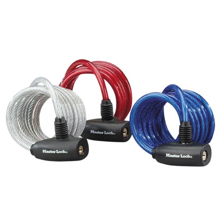 ANTIVOL VELO SPIRAL A CLE MASTERLOCK DIAM 8mm L 1,80m (PACK DE 3 ANTIVOLS COULEUR : 1X ROUGE - 1X BLEU - 1X TRANSPARENT) LIVRE