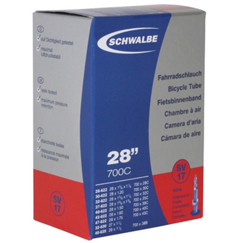 CHAMBRE A AIR VELO 700 x 28-45 - 27x1 1-4 SCHWALBE VALVE PRESTA 40mm TOUT ALU (SV17) CHAMBRE A AIR VELO 700 x 28-45 - 27x1 1-4 SCHWALBE VALVE PRESTA 40mm TOUT ALU (SV17)
