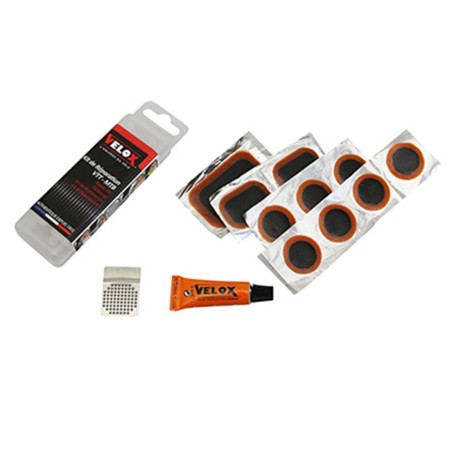 KIT REPARATION CHAMBRE A AIR VELOX VTT RENFORCE - BOITE (8 PATCHS 25mm   2 PATCHS 35x25mm   1 PACTH 50x30mm   COLLE 5g   RAPE
