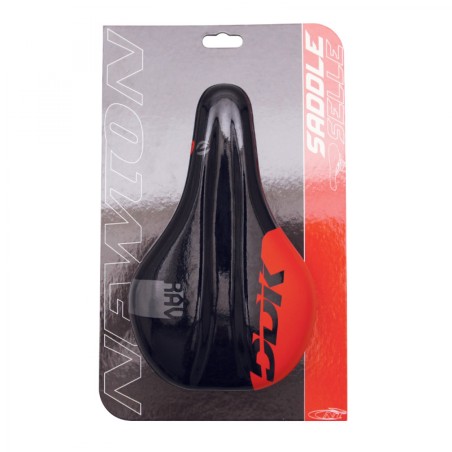 SELLE NEWTON ENFANT RAV NOIR DECO ROUGE 210x130mm AVEC TROU CENTRAL RAIL ACIER NOIR