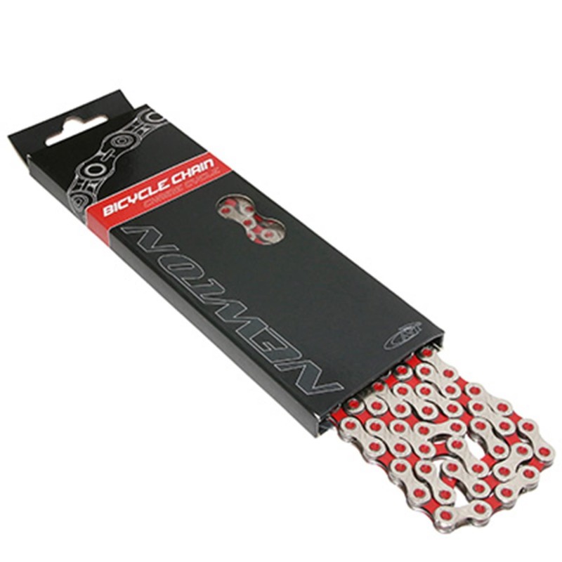 CHAINE VELO ROUTE-VTT 11V. NEWTON KMC ARGENT-ROUGE 116 MAILLONS COMPATIBLE SHIMANO-SRAM