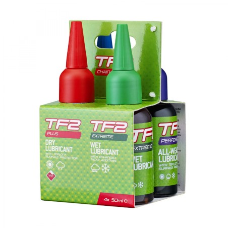 KIT-PACK LUBRIFIANT VELO WELDTITE TF2 POUR CHAINE (4 BURETTES DE 50ml) - 1 POUR CONDITIONS SECHES- 1 POUR CONDITIONS HUMIDES -