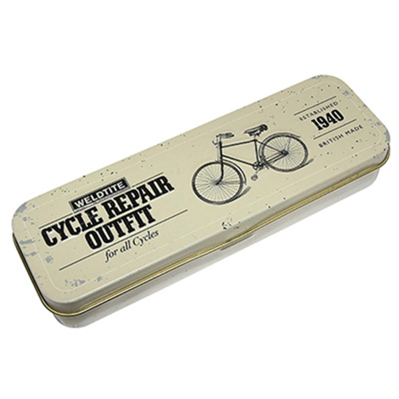 KIT REPARATION CHAMBRE A AIR WELDTITE 1940 VINTAGE METAL - BOITE (6 PATCHS 25mm   COLLE 5g   PAPIER PONCE   BANDE CAOUTCHOUC)